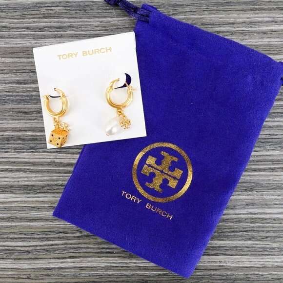 Tory Burch Women's Kira Charm Mismatched Drop Earrings in Rolled Brass Gold OS - Picture 4 of 9